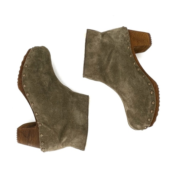 Bosabo Ankle Boots Sage Green Suede Upper Wooden Sole Size 8 Shearling lined EUC - Picture 10 of 14